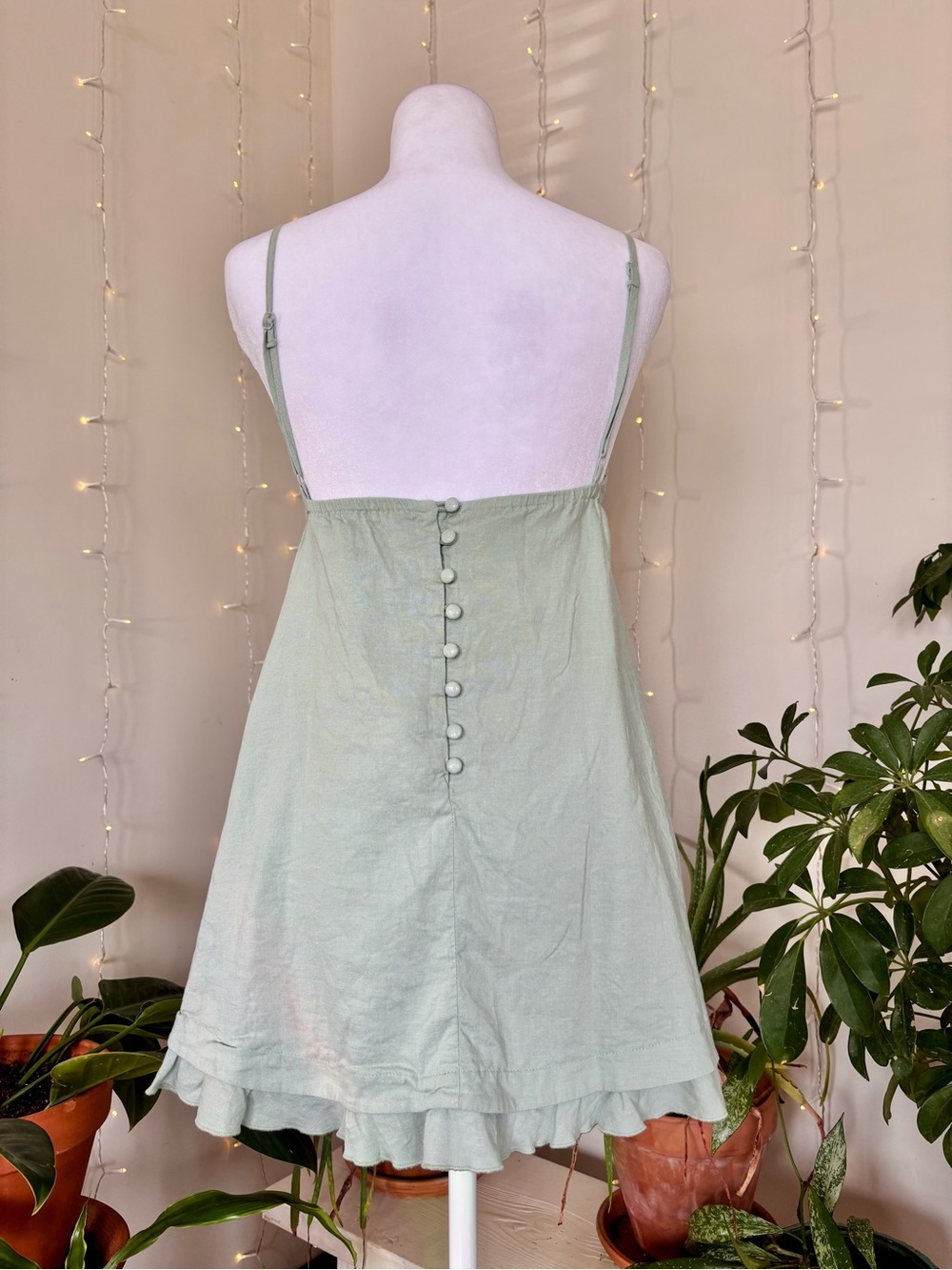 Princess Polly Sage Green Linen Blend Babydoll Micro Mini Dress Tie Front - Picture 9 of 11